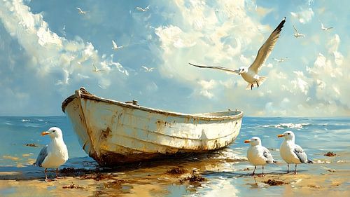 Verweerde roeiboot op het strand