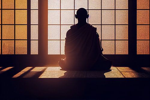 Boeddhistische monnik mediteert in een kamer 03