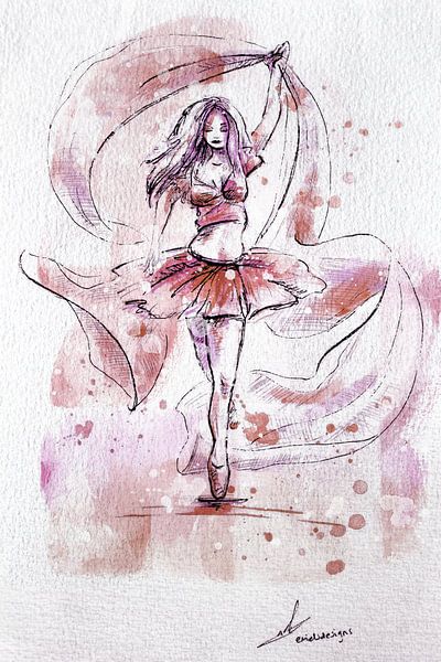 Aquarelle d'une danseuse de ballet avec toile par Emiel de Lange
