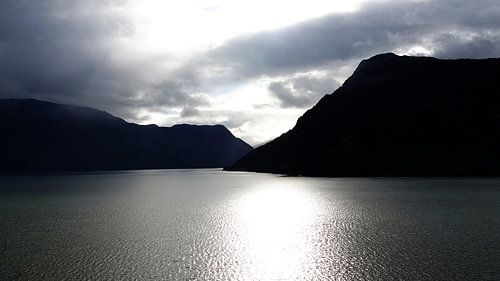 Zwarte bergen en glanzend water in het Lusterfjord in Noorwegen