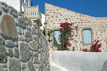 Maison avec bougainvilliers roses dans un village grec de montagne sur Helga Kuiper