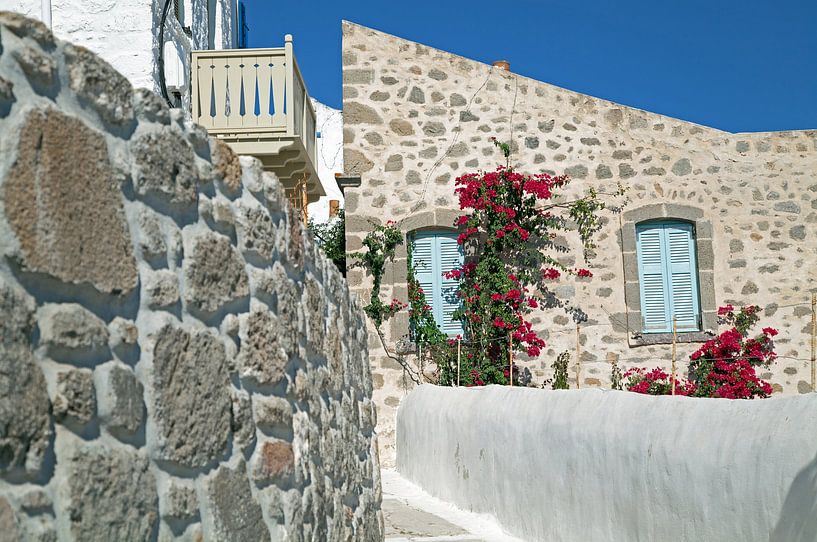 Maison avec bougainvilliers roses dans un village grec de montagne par Helga Kuiper