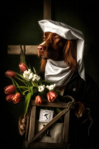 Hondenportret De Heilige met Tulpen - Vermeer stijl met bloemen