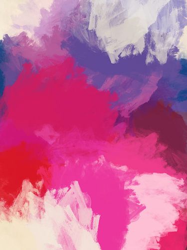 Kleurrijk abstract schilderij in neonroze, wit, rood en blauw