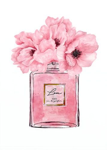 Watercolor Pink Perfume Bottle with Blooming Flowers Illustration
