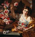 Eine junge Frau, die eine Blume aus einer Vase nimmt, Abraham Brueghel von Meisterhafte Meister Miniaturansicht