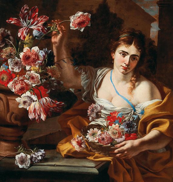 Eine junge Frau, die eine Blume aus einer Vase nimmt, Abraham Brueghel von Meisterhafte Meister