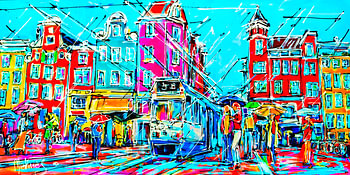 Street of Amsterdam, Rainy Day and Tram Number 5