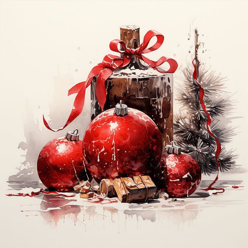 Still life Christmas decoration red baubles cones