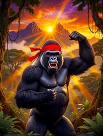 Martial Arts Trained Gorilla In Fight Stance In African Jungle Mountain Landscape by Suge Graffiti
