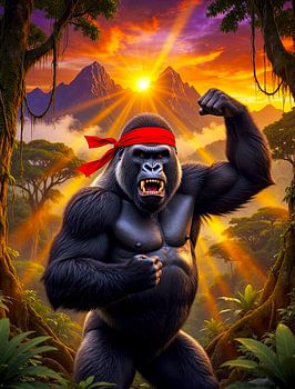 Ein kampfsporttrainierter Gorilla in Kampfhaltung in einer afrikanischen Dschungel- und Berglandschaft