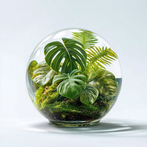 Monstera-Pflanzen und Moos in einer Glaskugel