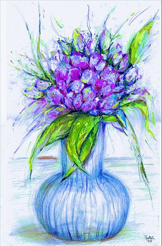 Pivoine bleue dans un vase en verre. Peint à la main.