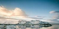 Besneeuwde winterlandschap zonsondergang in de Lofoten in Noorwegen