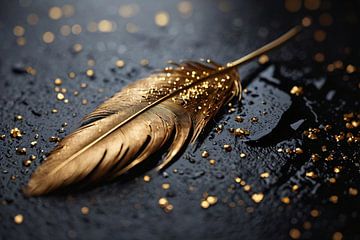 Shiny Gold Feather on Black Background by De Muurdecoratie