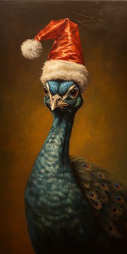 Pauw met een Kerstmuts op