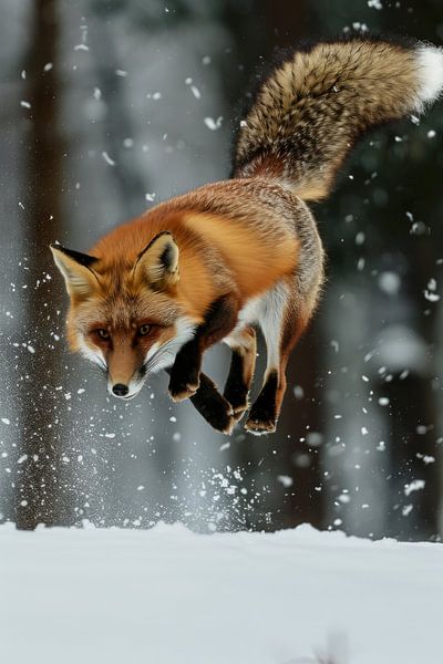 Jumping fox in the snow by Poster Art Shop