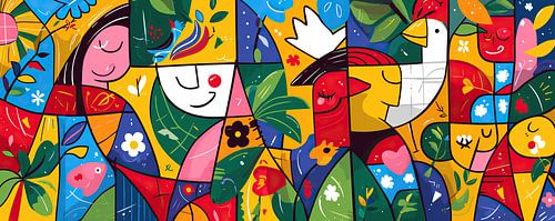 Oiseau rouge et fleurs