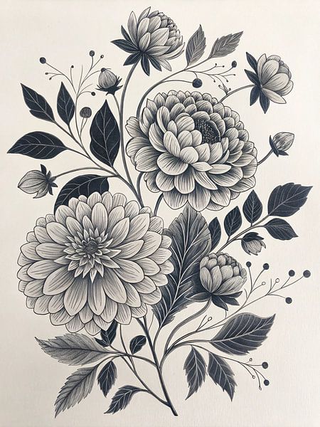 Ein detailliertes monochromes Dahlien- und Blumenarrangement für eine elegante Dekoration von Artistic