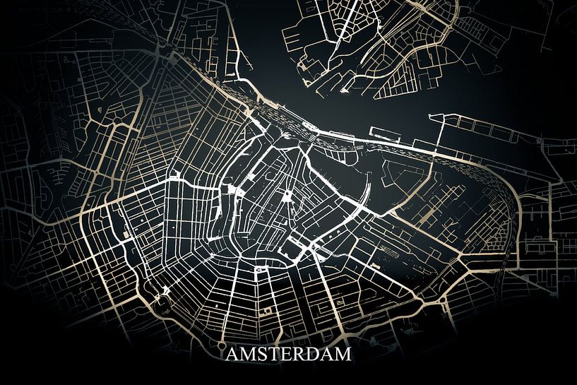 Amsterdam - Abstract Map in Black Yellow Gold by Art By Dominic