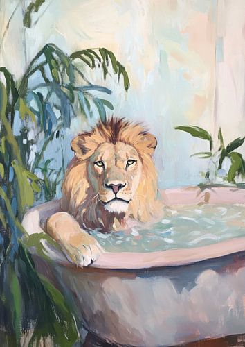 Lion in tub - pastel & vintage oil portrait