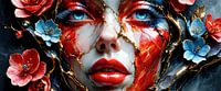 Le visage d'une femme de marbre aux veines d'or - Un regard pénétrant venu des profondeurs bleues, encadré de fleurs lumineuses et enveloppé dans la mystique de la nuit