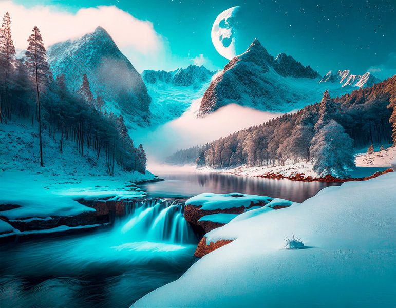 Winter landscape with waterfall by Mustafa Kurnaz