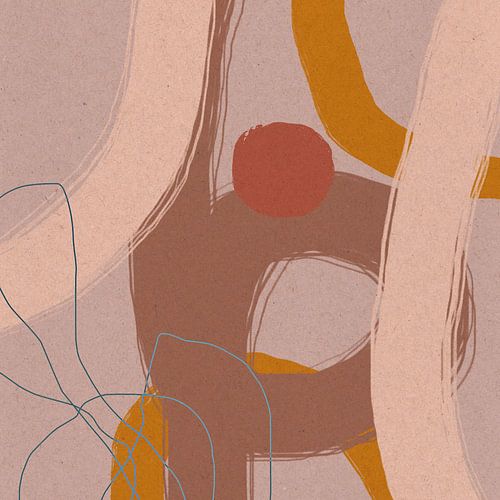 Modern abstract schilderij organische lijnen en vormen goud, rood roze