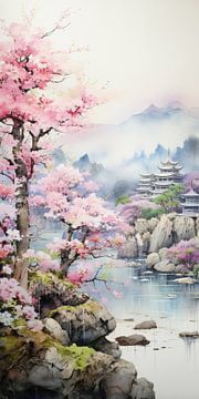 Heel mooi prachtig landschap met water en bergen in azië stijl van Art Bizarre