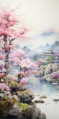 Very nice beautiful landscape with water and mountains in asia style