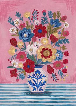 Stilleven Delfts Blauw Vaas Boeket Felle kleuren van Caroline Bonne Müller