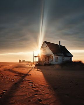 Huis op het strand in de zonsondergang van fernlichtsicht