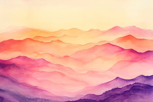 Zacht aquarel landschap bij zonsondergang