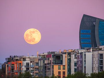Zonsondergang met maan in Frankfurt am Main van Mustafa Kurnaz