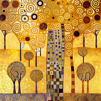 Ein abstraktes Muster mit Bäumen im Stil von Gustav Klimt