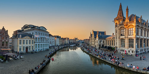 Sunset over the Graslei harbour in Ghent Belgium