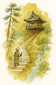 Chemin des pèlerins vers le temple (AI) (Japon, Asie, moine, paix, serein, spirituel, méditation) sur Natalie Bruns