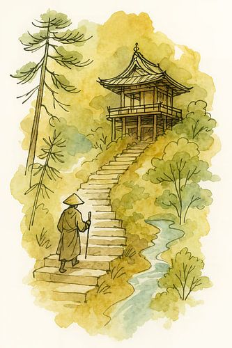 Pelgrimspad naar de tempel (AI) (Japan, Azië, monnik, rust, sereen, spiritueel, meditatie, aquarel, schilderij, natuur)