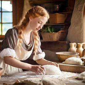 Vrouw die deeg kneedt in een rustieke keuken van ArtMomente