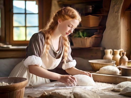 Vrouw die deeg kneedt in een rustieke keuken