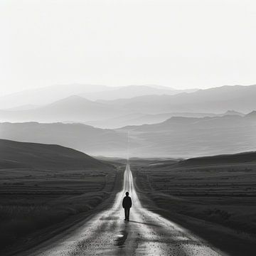 Eenzame wandelaar - zwart-wit foto van een eindeloze weg van Poster Art Shop
