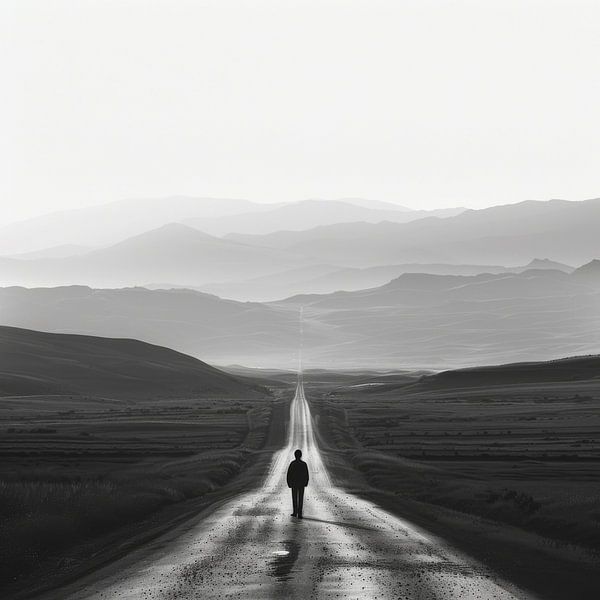 Lonely hiker - black and white photograph of an endless road by Poster Art Shop