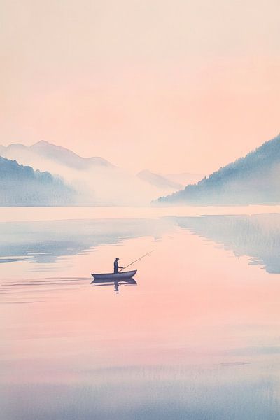 Fisherman at dawn on a calm lake by Poster Art Shop