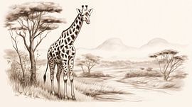 Giraffe, die auf einem Feld läuft, Zeichnung, Giraffen-Bleistiftzeichnung im Vintage-Stil.