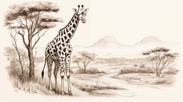 Giraffe loopt in een veld, tekening, vintage stijl giraffe potloodtekening. van Animaflora PicsStock