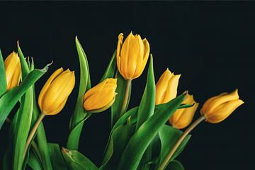 Gele tulpen tegen een zwarte achtergrond van Sabine Schemken