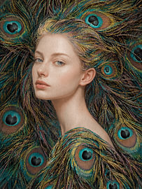 Surrealistisches, feminines Fine-Art-Porträt mit Pfauenfedern