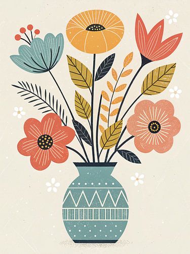 Grillige Mid-Century Moderne Bloemsierkunst Print, Kleurrijk Scandinavisch Bloemenboeket in een Vaas Muurdecoratie