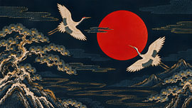 Japanse kraanvogels onder de karmozijnrode zon van my pixel art