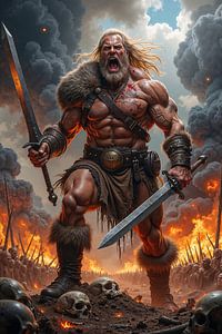 Dark Fantasy Wandbild: ZORNTHAEON – Ein wilder Berserker tobt auf einem Schlachtfeld